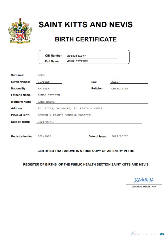 Download Saint Kitts and Nevis vital record birth certificate Word and PDF template Photoshop template